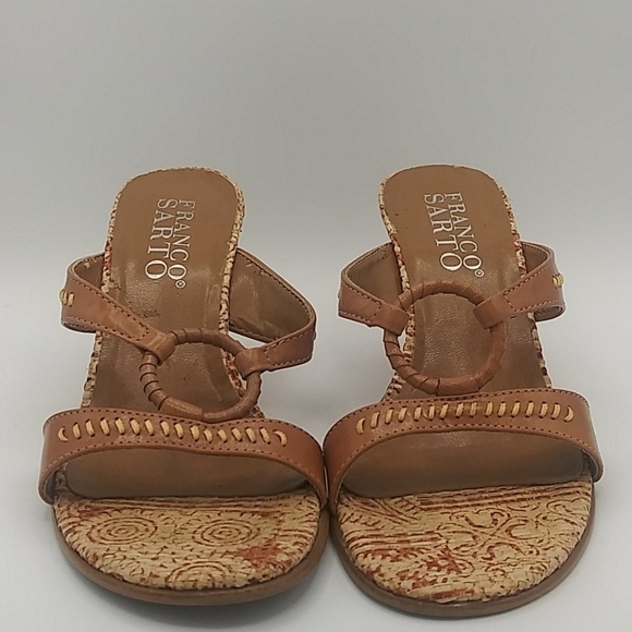 Franco Sarto Tan Tribal Design Loop Strap Leather Round Open Toe Wedge Sandal - Picture 3 of 15